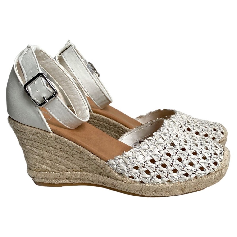 Journee Collection Espadrille Wedge Sandals Sierra White Jute Ankle Strap Sz 9